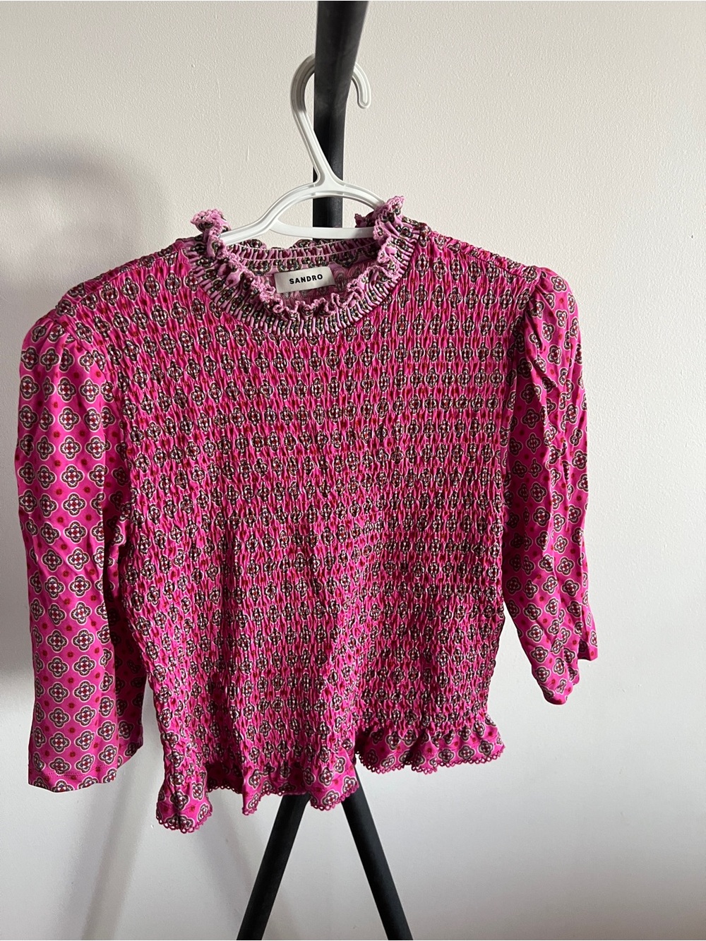 Sandro Pink Smocked Ruffle Neck Top